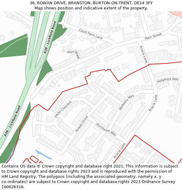 36, ROWAN DRIVE, BRANSTON, BURTON-ON-TRENT, DE14 3FY: Location map and indicative extent of plot