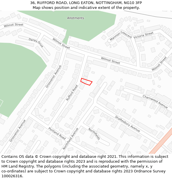 36, RUFFORD ROAD, LONG EATON, NOTTINGHAM, NG10 3FP: Location map and indicative extent of plot