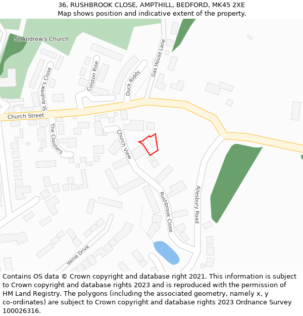 36, RUSHBROOK CLOSE, AMPTHILL, BEDFORD, MK45 2XE: Location map and indicative extent of plot