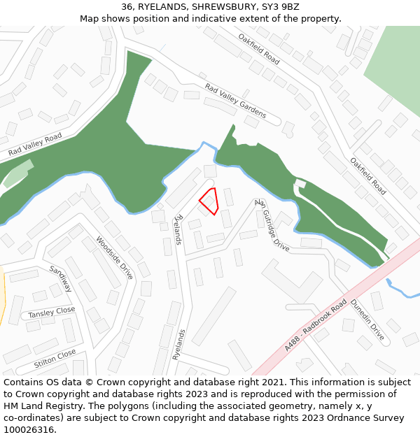 36, RYELANDS, SHREWSBURY, SY3 9BZ: Location map and indicative extent of plot