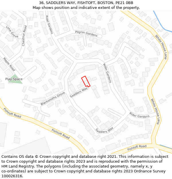 36, SADDLERS WAY, FISHTOFT, BOSTON, PE21 0BB: Location map and indicative extent of plot