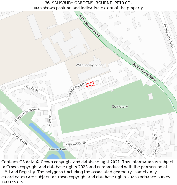 36, SALISBURY GARDENS, BOURNE, PE10 0FU: Location map and indicative extent of plot