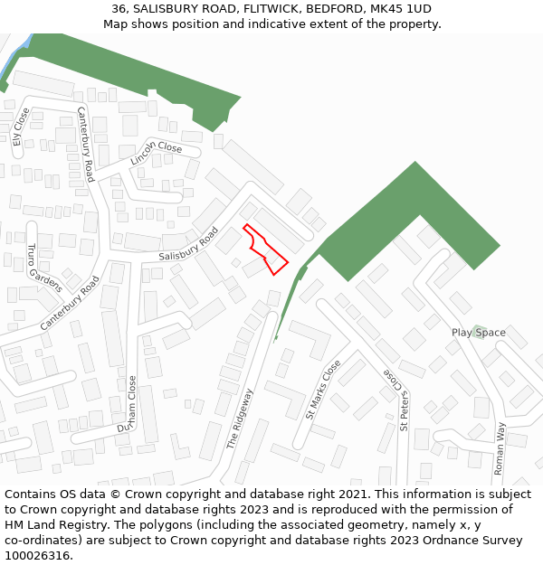 36, SALISBURY ROAD, FLITWICK, BEDFORD, MK45 1UD: Location map and indicative extent of plot