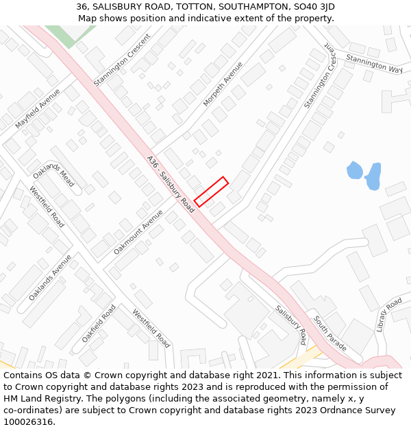 36, SALISBURY ROAD, TOTTON, SOUTHAMPTON, SO40 3JD: Location map and indicative extent of plot