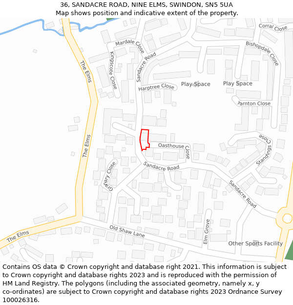 36, SANDACRE ROAD, NINE ELMS, SWINDON, SN5 5UA: Location map and indicative extent of plot