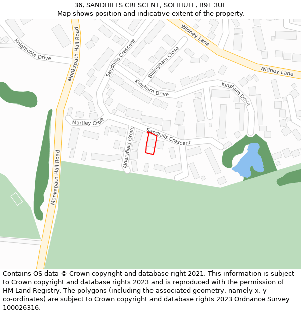 36, SANDHILLS CRESCENT, SOLIHULL, B91 3UE: Location map and indicative extent of plot