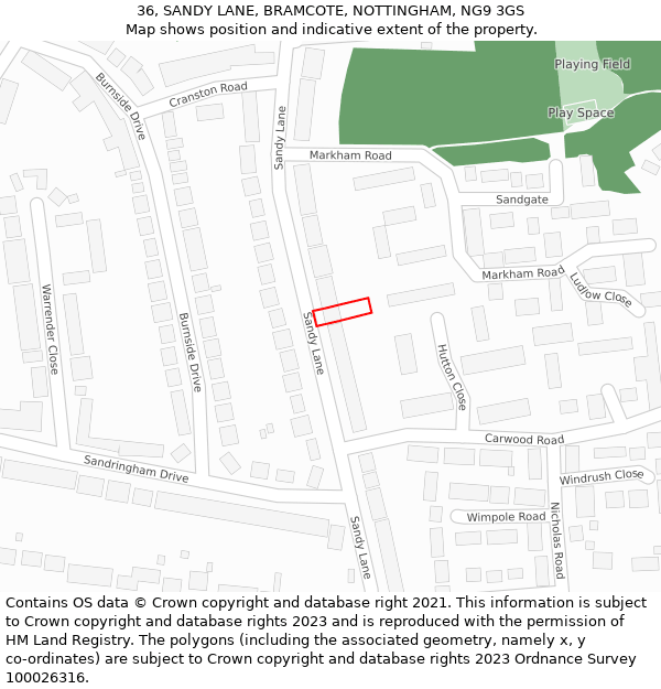 36, SANDY LANE, BRAMCOTE, NOTTINGHAM, NG9 3GS: Location map and indicative extent of plot