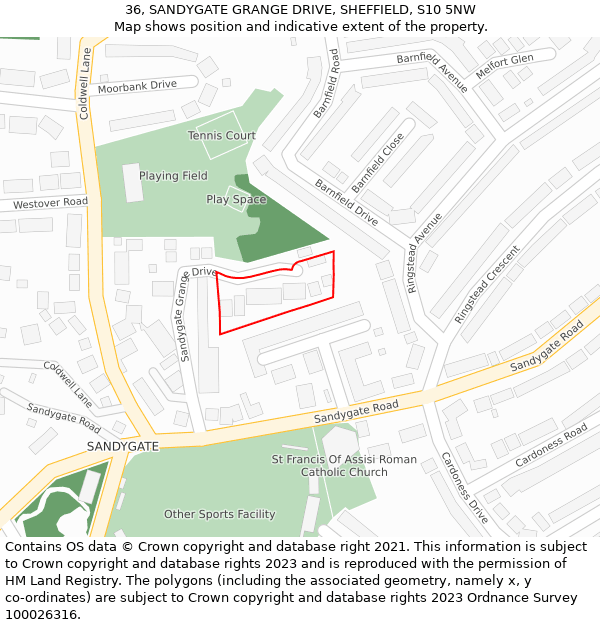 36, SANDYGATE GRANGE DRIVE, SHEFFIELD, S10 5NW: Location map and indicative extent of plot
