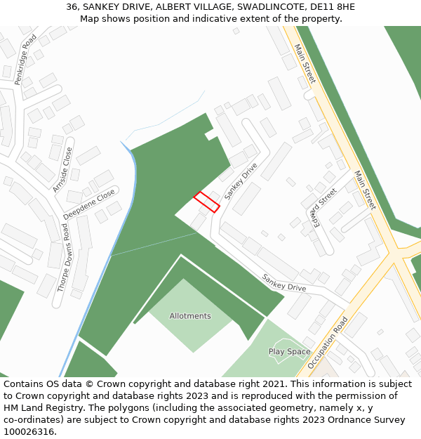 36, SANKEY DRIVE, ALBERT VILLAGE, SWADLINCOTE, DE11 8HE: Location map and indicative extent of plot