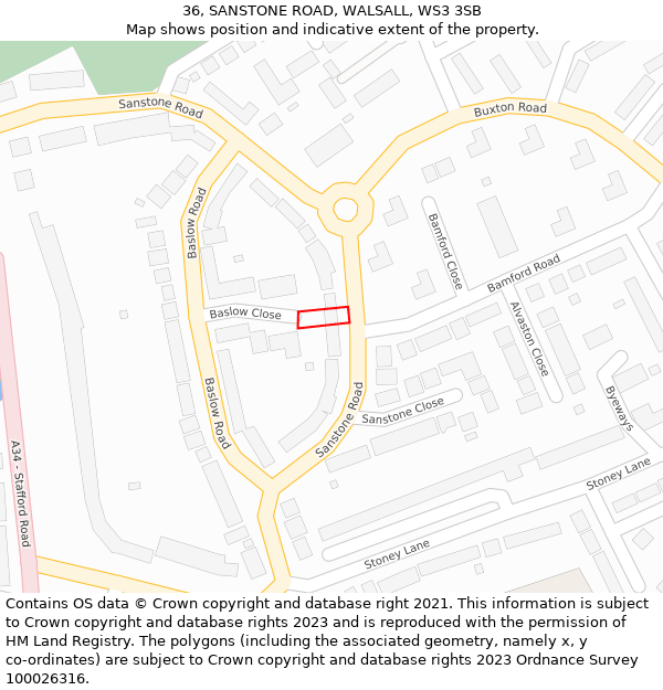 36, SANSTONE ROAD, WALSALL, WS3 3SB: Location map and indicative extent of plot