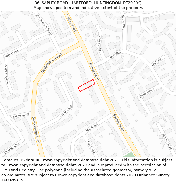 36, SAPLEY ROAD, HARTFORD, HUNTINGDON, PE29 1YQ: Location map and indicative extent of plot