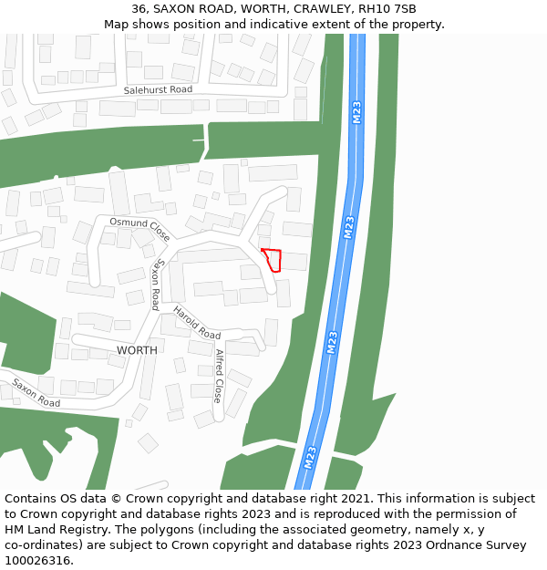 36, SAXON ROAD, WORTH, CRAWLEY, RH10 7SB: Location map and indicative extent of plot
