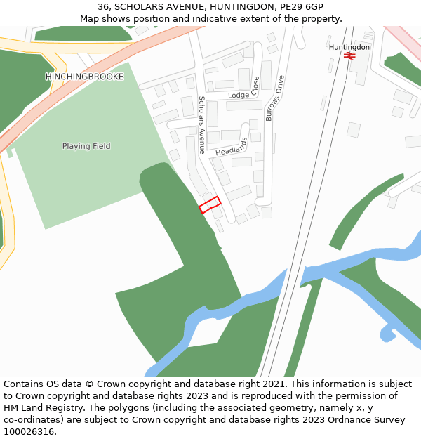 36, SCHOLARS AVENUE, HUNTINGDON, PE29 6GP: Location map and indicative extent of plot