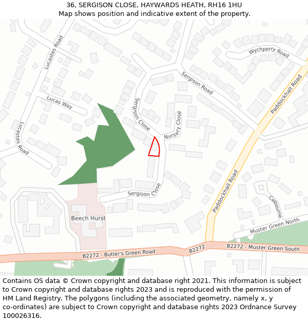 36, SERGISON CLOSE, HAYWARDS HEATH, RH16 1HU: Location map and indicative extent of plot