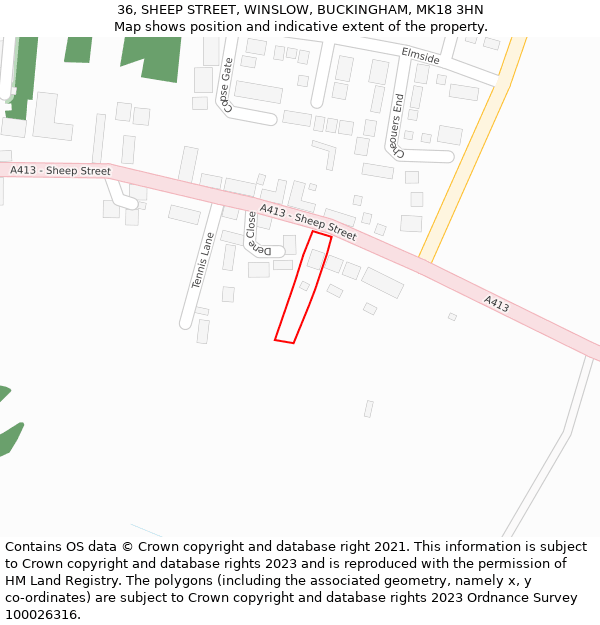 36, SHEEP STREET, WINSLOW, BUCKINGHAM, MK18 3HN: Location map and indicative extent of plot
