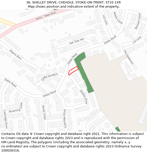 36, SHELLEY DRIVE, CHEADLE, STOKE-ON-TRENT, ST10 1XR: Location map and indicative extent of plot