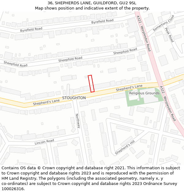 36, SHEPHERDS LANE, GUILDFORD, GU2 9SL: Location map and indicative extent of plot