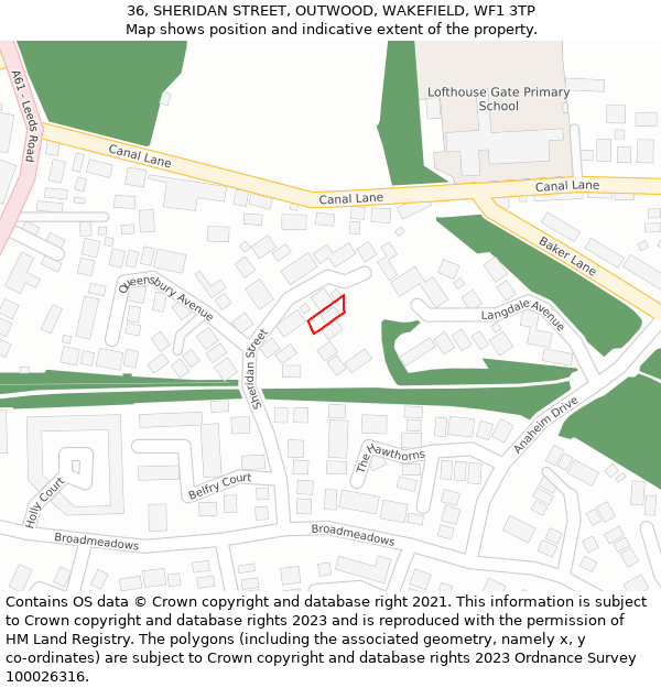 36, SHERIDAN STREET, OUTWOOD, WAKEFIELD, WF1 3TP: Location map and indicative extent of plot