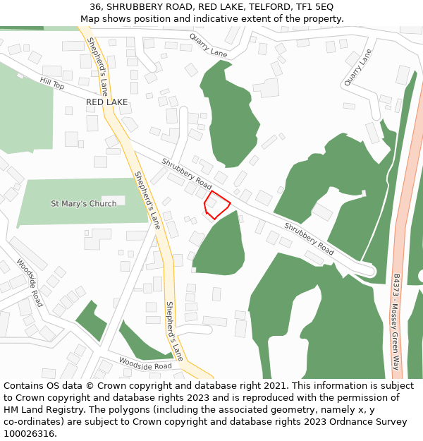 36, SHRUBBERY ROAD, RED LAKE, TELFORD, TF1 5EQ: Location map and indicative extent of plot