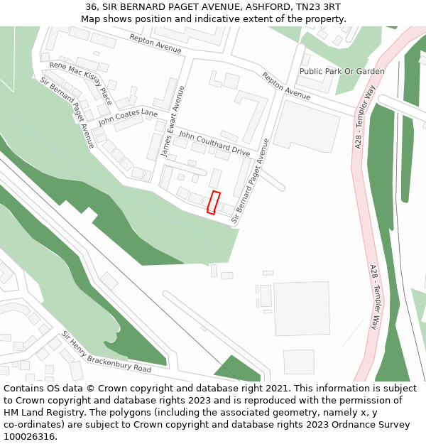 36, SIR BERNARD PAGET AVENUE, ASHFORD, TN23 3RT: Location map and indicative extent of plot