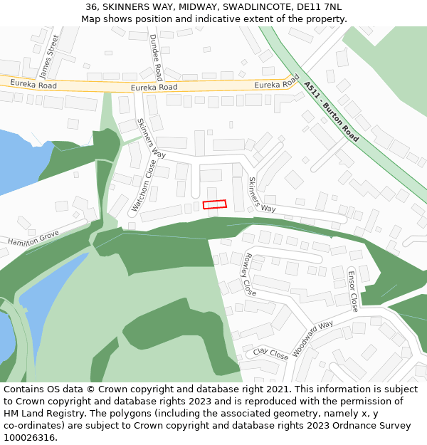 36, SKINNERS WAY, MIDWAY, SWADLINCOTE, DE11 7NL: Location map and indicative extent of plot