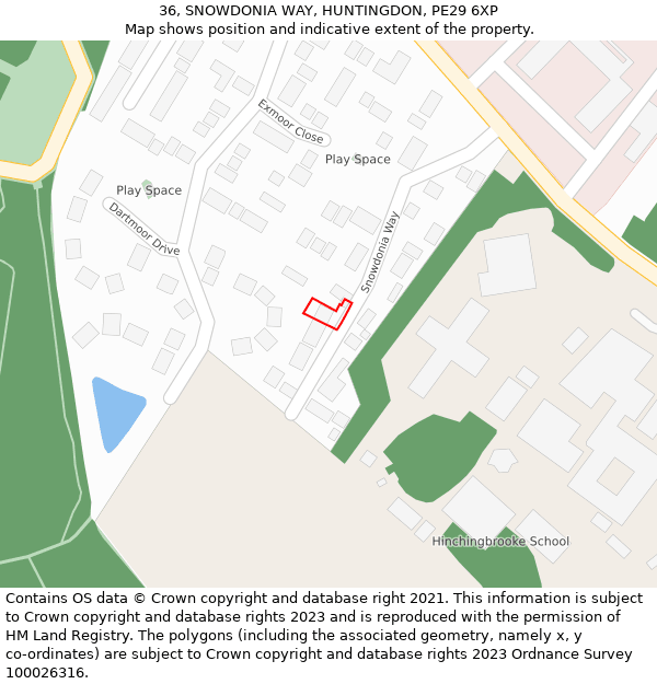 36, SNOWDONIA WAY, HUNTINGDON, PE29 6XP: Location map and indicative extent of plot