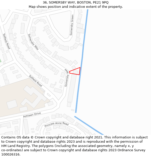 36, SOMERSBY WAY, BOSTON, PE21 9PQ: Location map and indicative extent of plot