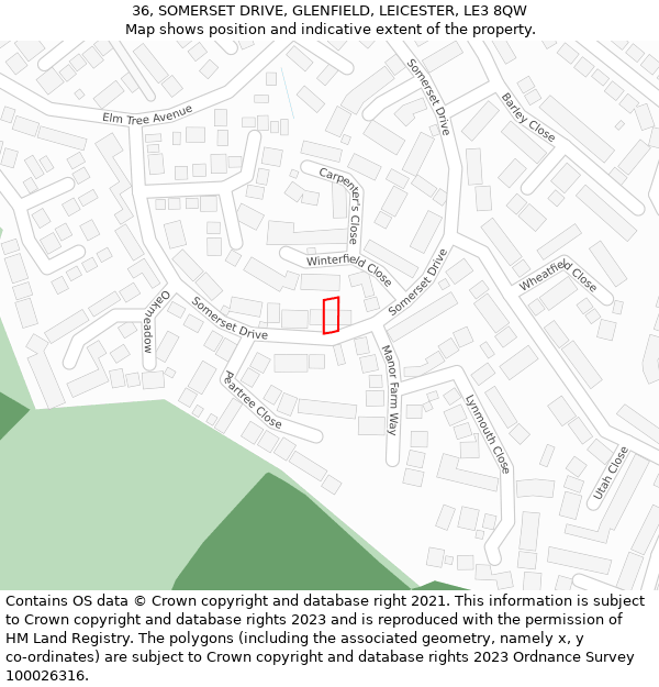 36, SOMERSET DRIVE, GLENFIELD, LEICESTER, LE3 8QW: Location map and indicative extent of plot