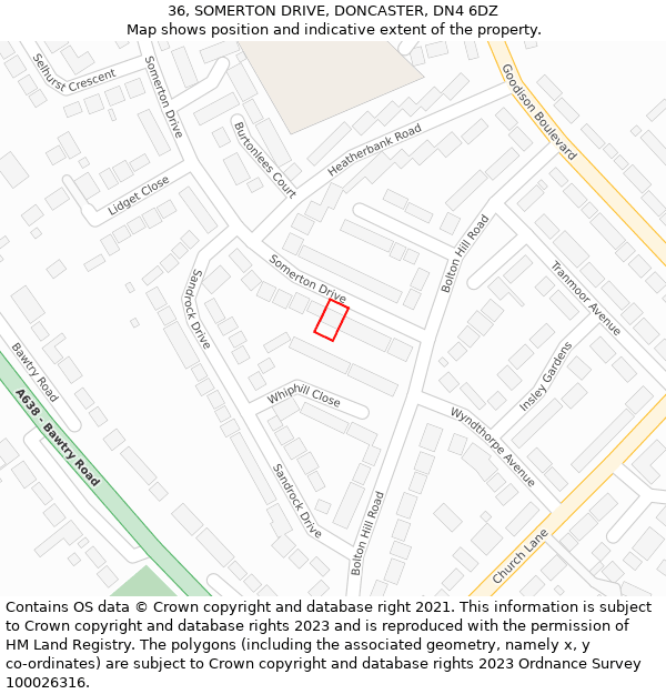 36, SOMERTON DRIVE, DONCASTER, DN4 6DZ: Location map and indicative extent of plot