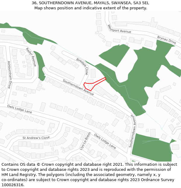 36, SOUTHERNDOWN AVENUE, MAYALS, SWANSEA, SA3 5EL: Location map and indicative extent of plot