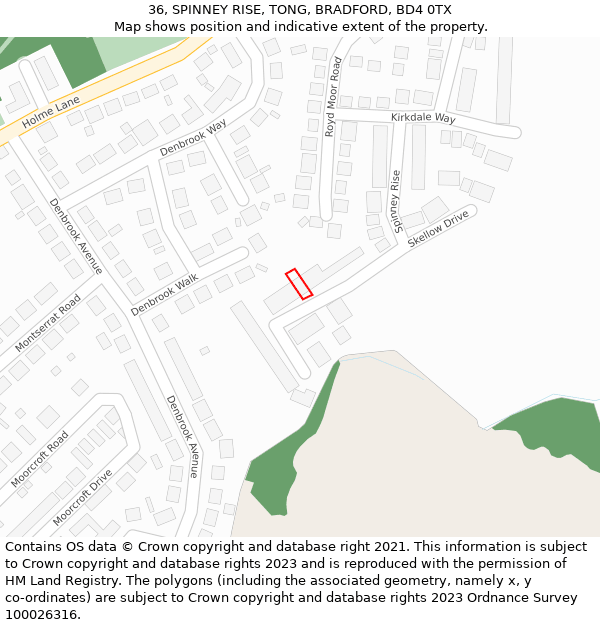 36, SPINNEY RISE, TONG, BRADFORD, BD4 0TX: Location map and indicative extent of plot