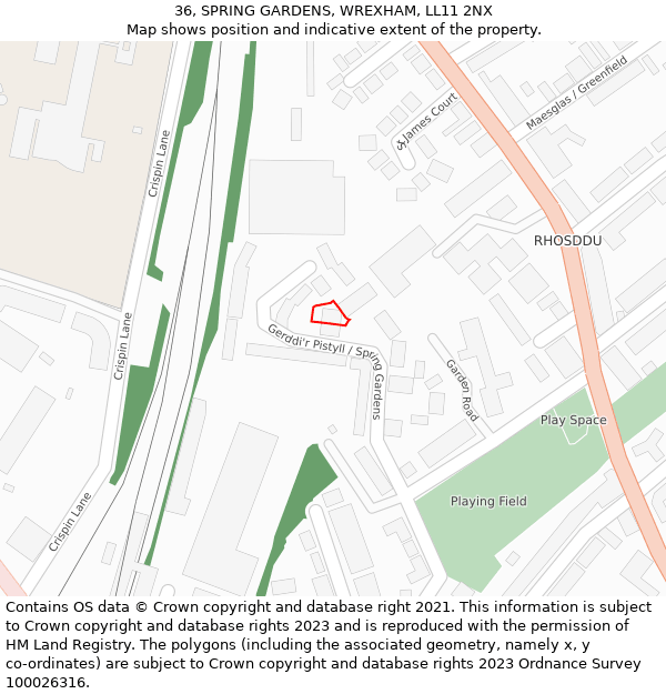 36, SPRING GARDENS, WREXHAM, LL11 2NX: Location map and indicative extent of plot