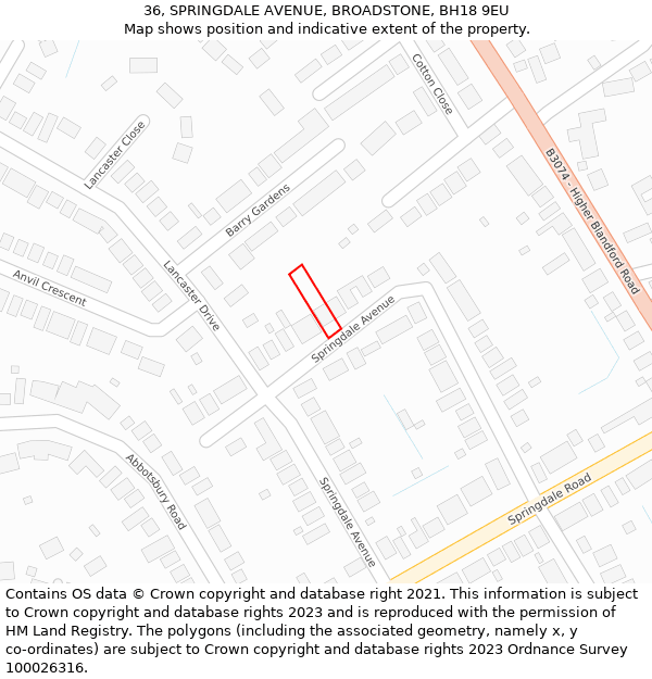 36, SPRINGDALE AVENUE, BROADSTONE, BH18 9EU: Location map and indicative extent of plot