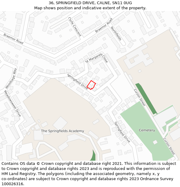 36, SPRINGFIELD DRIVE, CALNE, SN11 0UG: Location map and indicative extent of plot