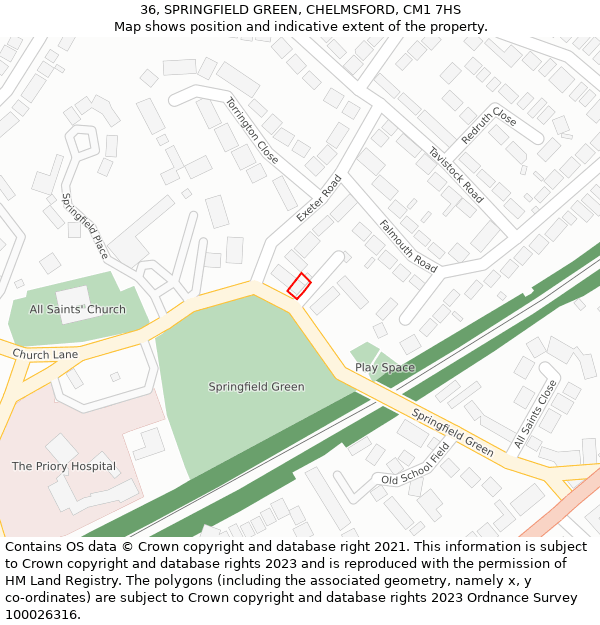 36, SPRINGFIELD GREEN, CHELMSFORD, CM1 7HS: Location map and indicative extent of plot