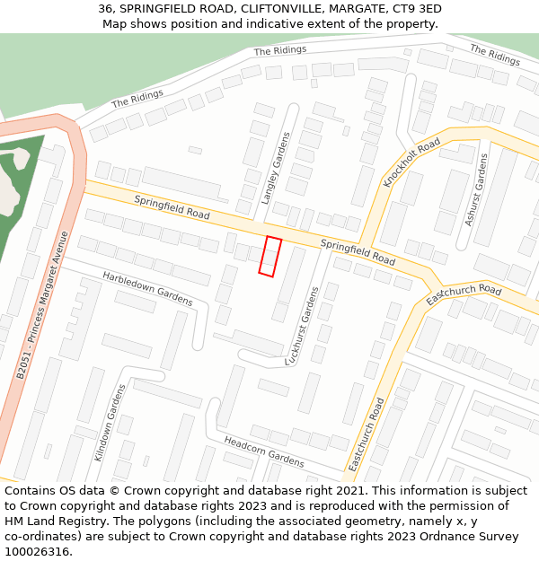 36, SPRINGFIELD ROAD, CLIFTONVILLE, MARGATE, CT9 3ED: Location map and indicative extent of plot