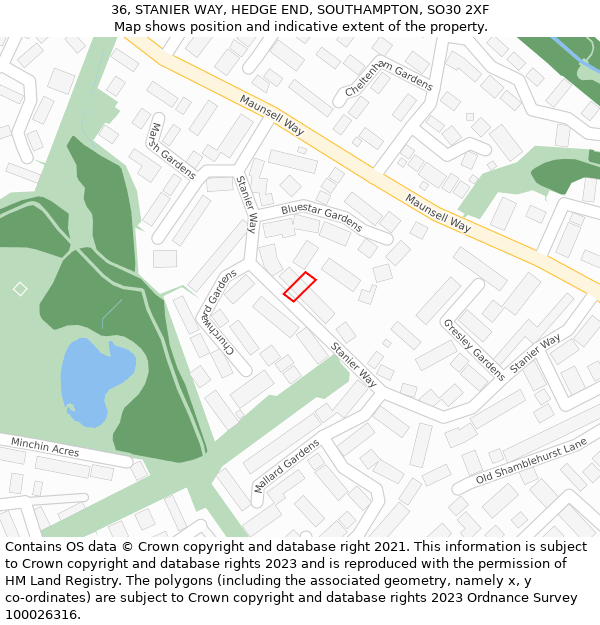 36, STANIER WAY, HEDGE END, SOUTHAMPTON, SO30 2XF: Location map and indicative extent of plot