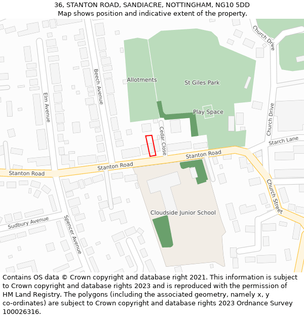 36, STANTON ROAD, SANDIACRE, NOTTINGHAM, NG10 5DD: Location map and indicative extent of plot