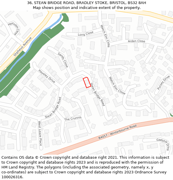 36, STEAN BRIDGE ROAD, BRADLEY STOKE, BRISTOL, BS32 8AH: Location map and indicative extent of plot