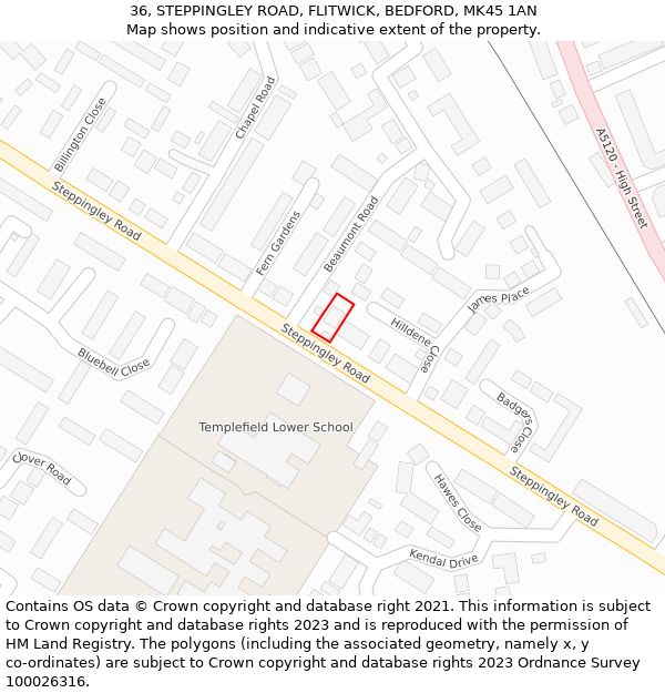 36, STEPPINGLEY ROAD, FLITWICK, BEDFORD, MK45 1AN: Location map and indicative extent of plot