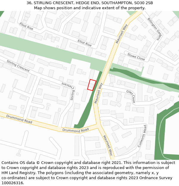 36, STIRLING CRESCENT, HEDGE END, SOUTHAMPTON, SO30 2SB: Location map and indicative extent of plot