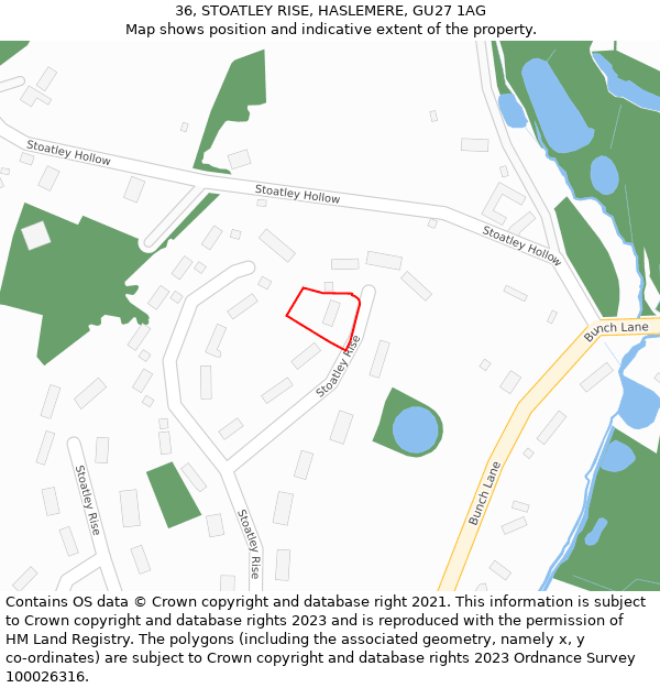 36, STOATLEY RISE, HASLEMERE, GU27 1AG: Location map and indicative extent of plot