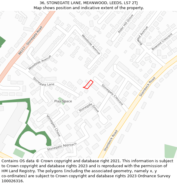 36, STONEGATE LANE, MEANWOOD, LEEDS, LS7 2TJ: Location map and indicative extent of plot