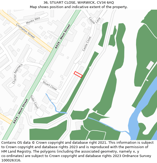 36, STUART CLOSE, WARWICK, CV34 6AQ: Location map and indicative extent of plot