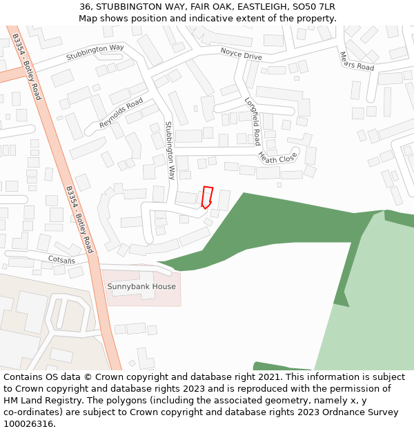 36, STUBBINGTON WAY, FAIR OAK, EASTLEIGH, SO50 7LR: Location map and indicative extent of plot