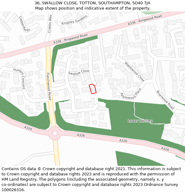 36, SWALLOW CLOSE, TOTTON, SOUTHAMPTON, SO40 7JA: Location map and indicative extent of plot