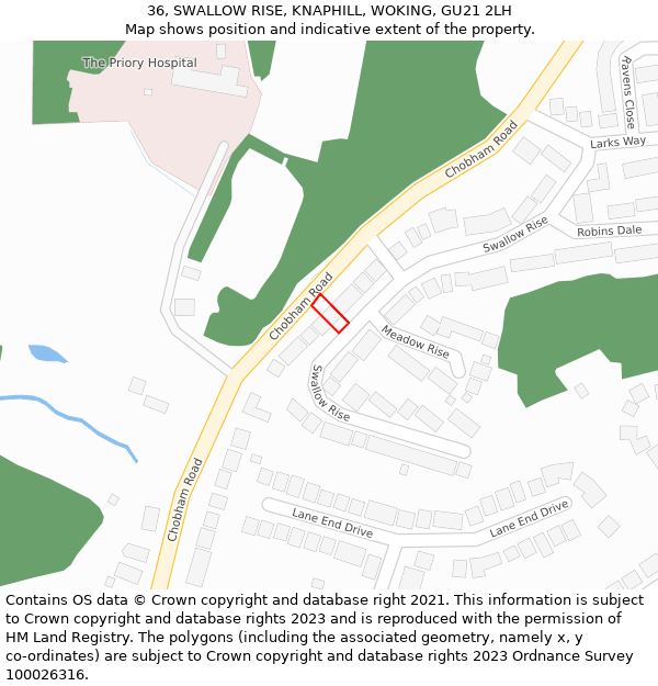 36, SWALLOW RISE, KNAPHILL, WOKING, GU21 2LH: Location map and indicative extent of plot