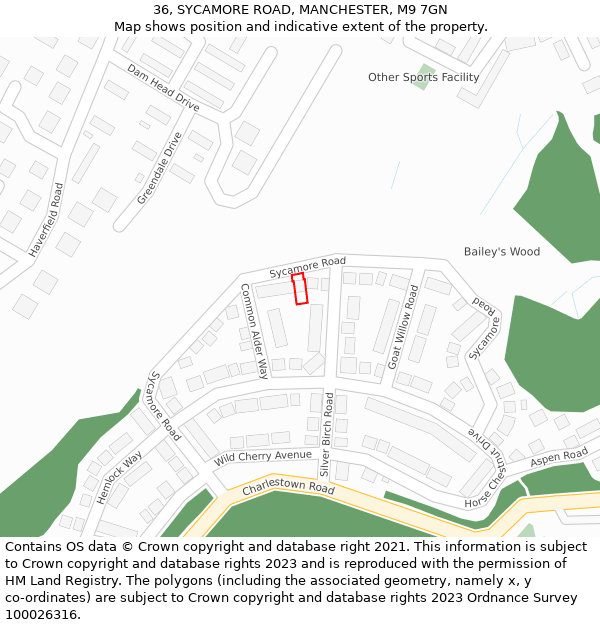 36, SYCAMORE ROAD, MANCHESTER, M9 7GN: Location map and indicative extent of plot