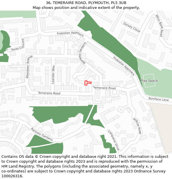 36, TEMERAIRE ROAD, PLYMOUTH, PL5 3UB: Location map and indicative extent of plot