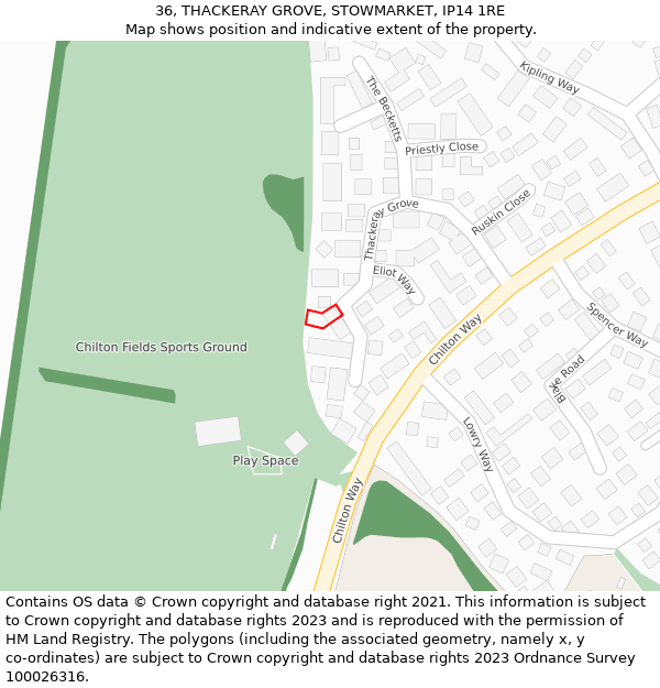 36, THACKERAY GROVE, STOWMARKET, IP14 1RE: Location map and indicative extent of plot